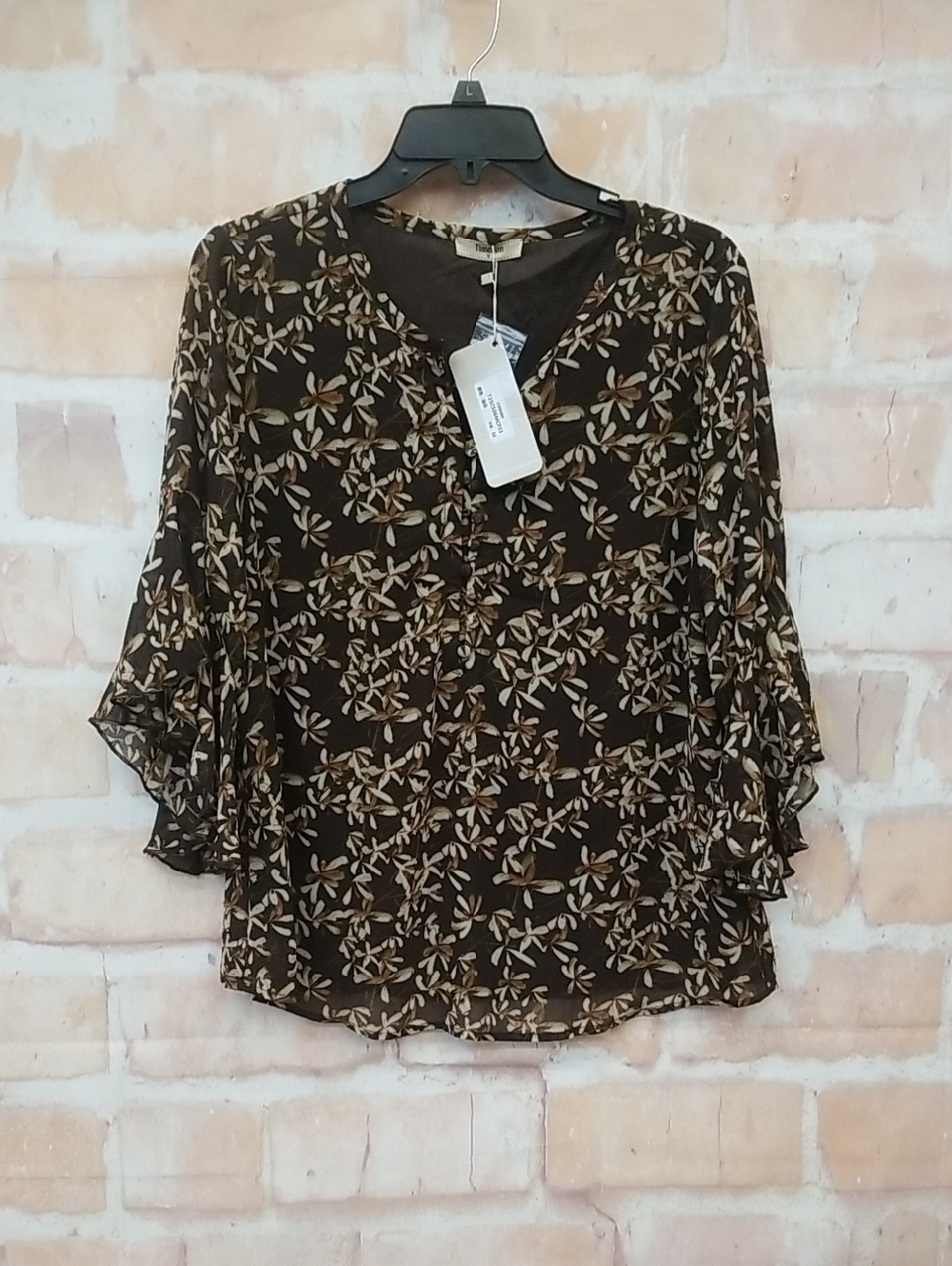 Timeson Women's Brown Floral Ruffle Sleeve Blouse